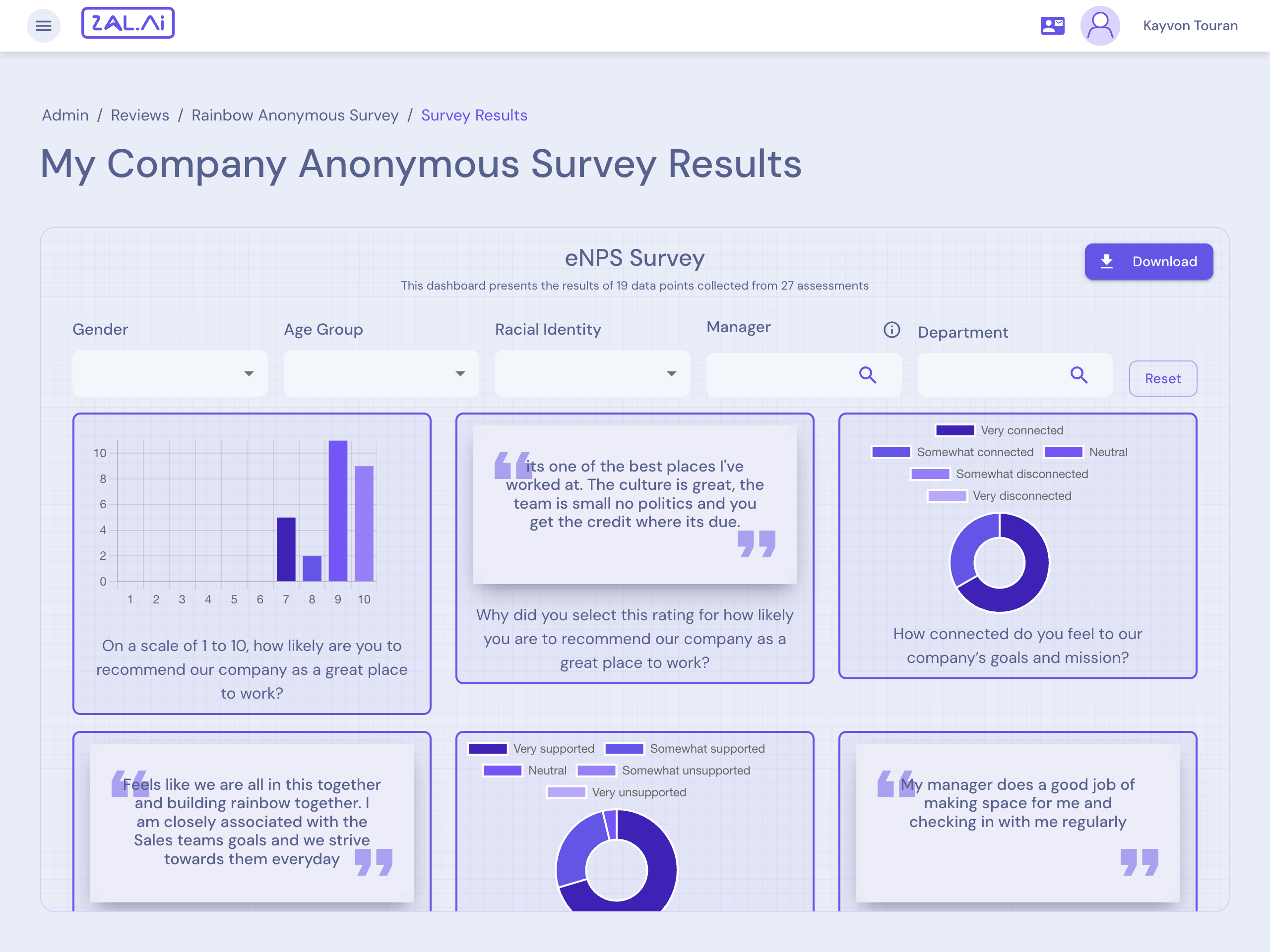 Screenshot of a Zal.ai application page where you can see your company's survey result graphs.